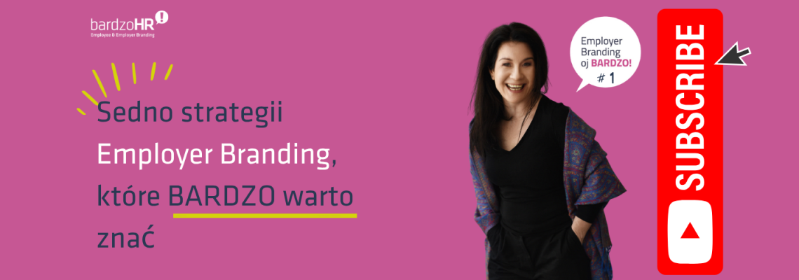 Marketing banner for BardzoHR promoting employer branding tips and a YouTube subscribe CTA with a smiling woman on the right.