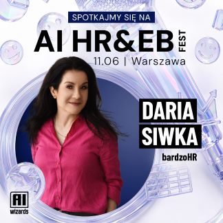 Event poster for AI HR & EB Fest in Warsaw on June 11, featuring Daria Siwka in a pink blouse beside a blue circular graphic.
