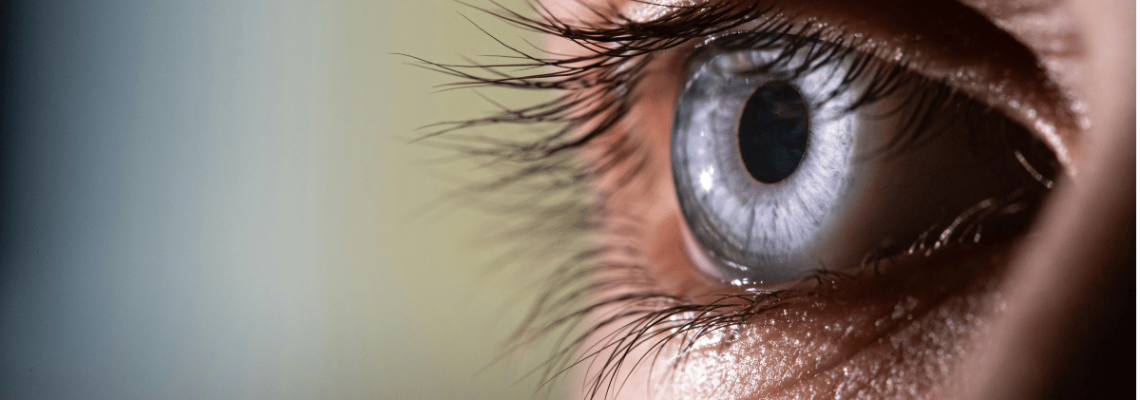 Close-up of a blue eye with prominent eyelashes and detailed iris patterns.